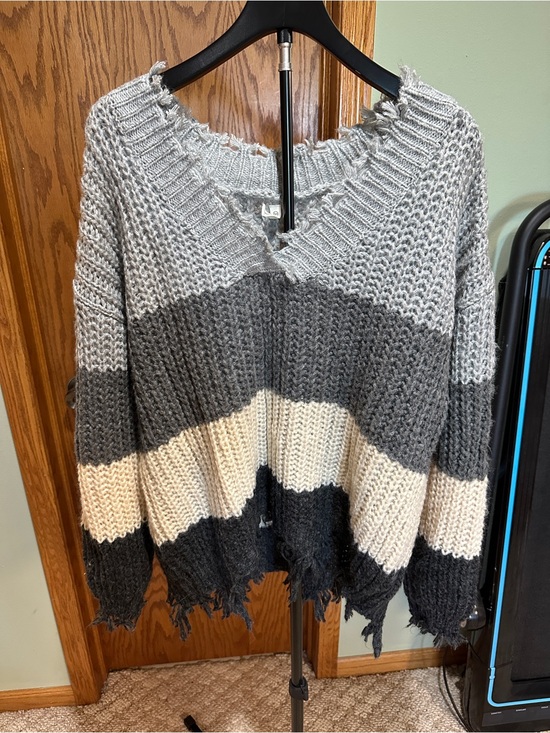 Wishlist Sweaters - Wishlist Striped Distressed V-Neck Sweater in Gray, Cream, Black